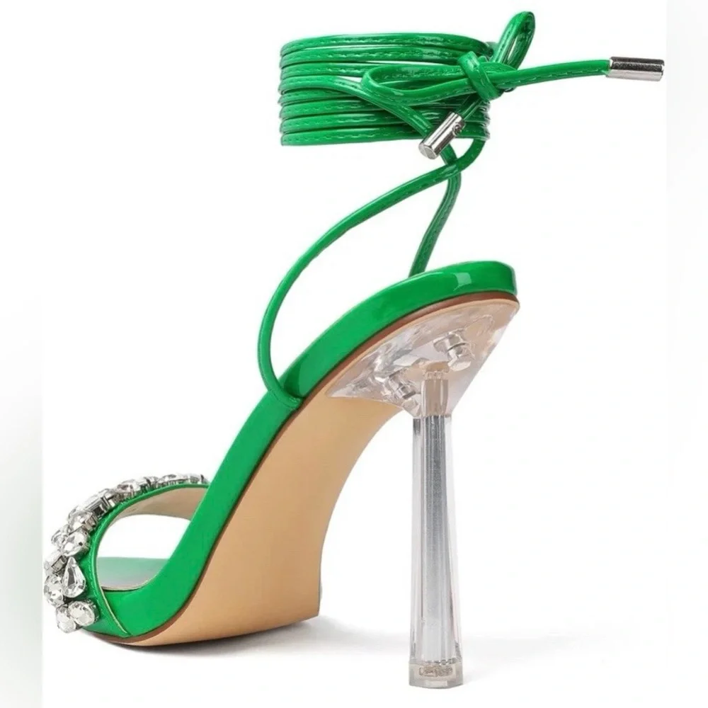 vivianly Strappy Stiletto Clear High Heels Rhinestone Woman's Size: 7  Green - Picture 3 of 9